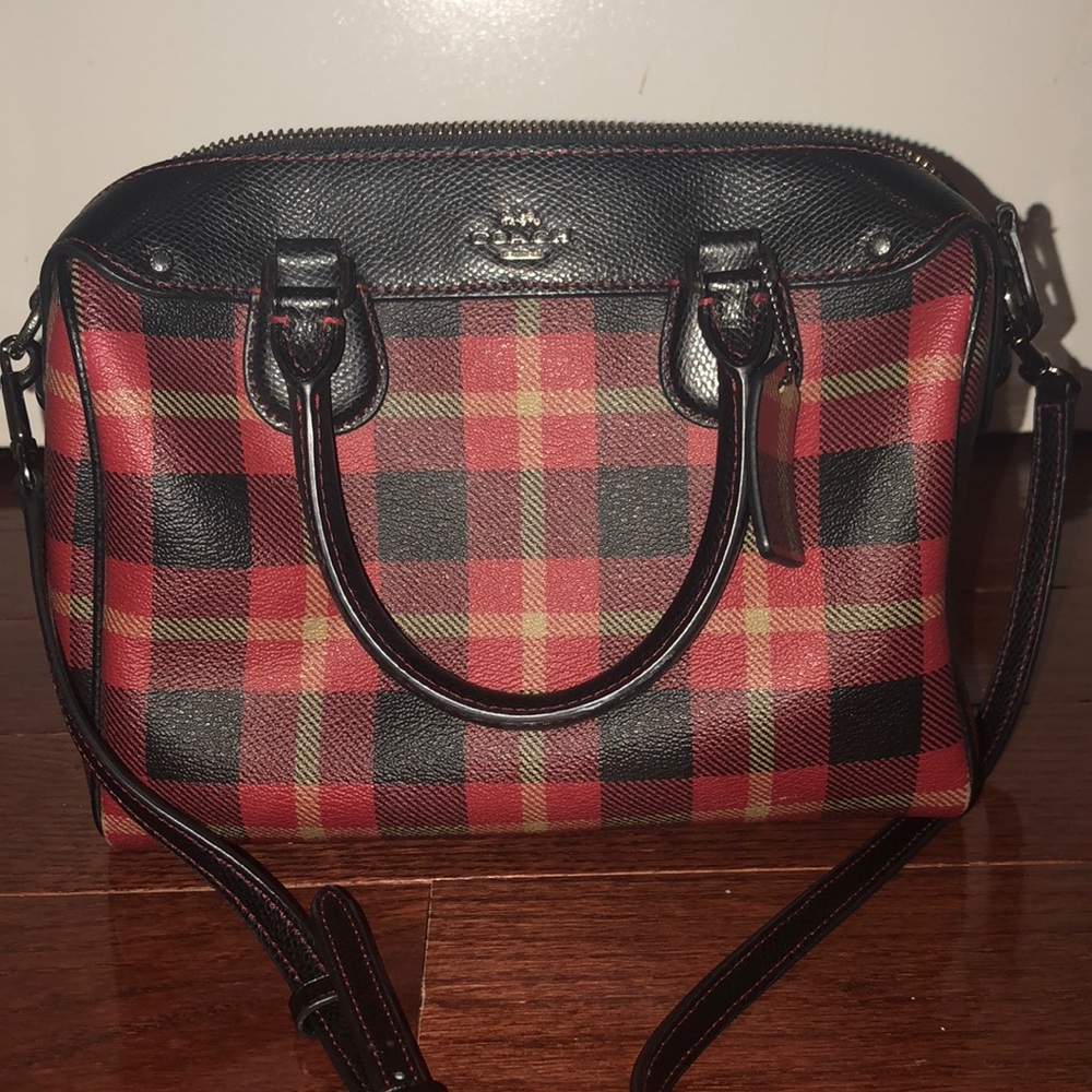 Black, red, tan plaid Coach purse